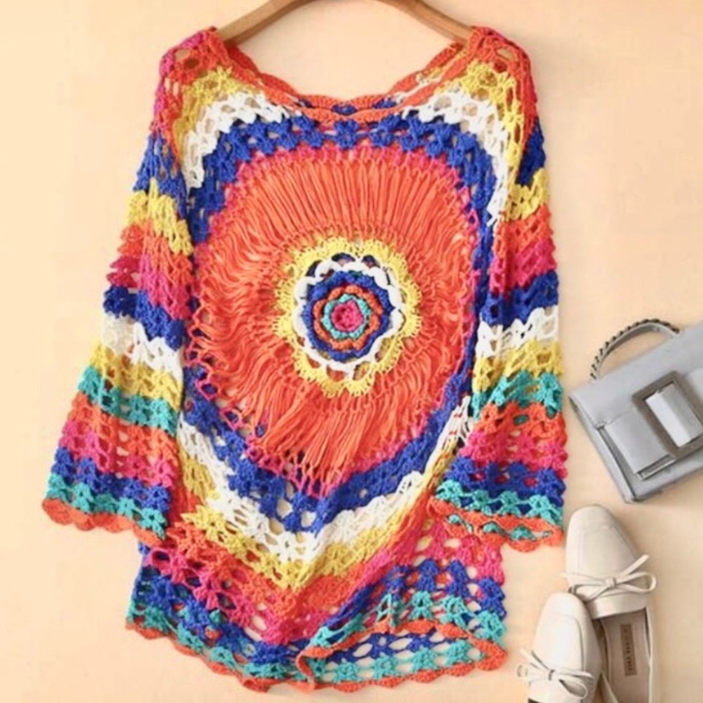 Bohemian Gypsy color block crochet cover up - Picture 2 of 4